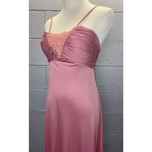 Vtg 70s Sleeveless Maxi Dress Pink Dusty Rose Shimmery Disco Crochet Ruched SM